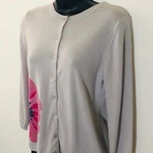 Garnet Hill Grey 3/4 Sleeve Floral Cardigan Sz S